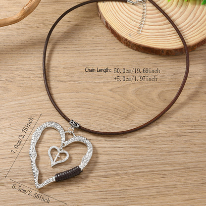 Heart Shape Sweater Chain Necklace For Women Featuring Durable Leather Rope