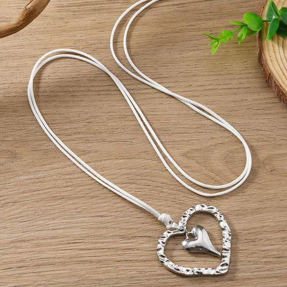 Heart Shape Silver Sweater Chain Necklace For Women Featuring Weave Craft Design
