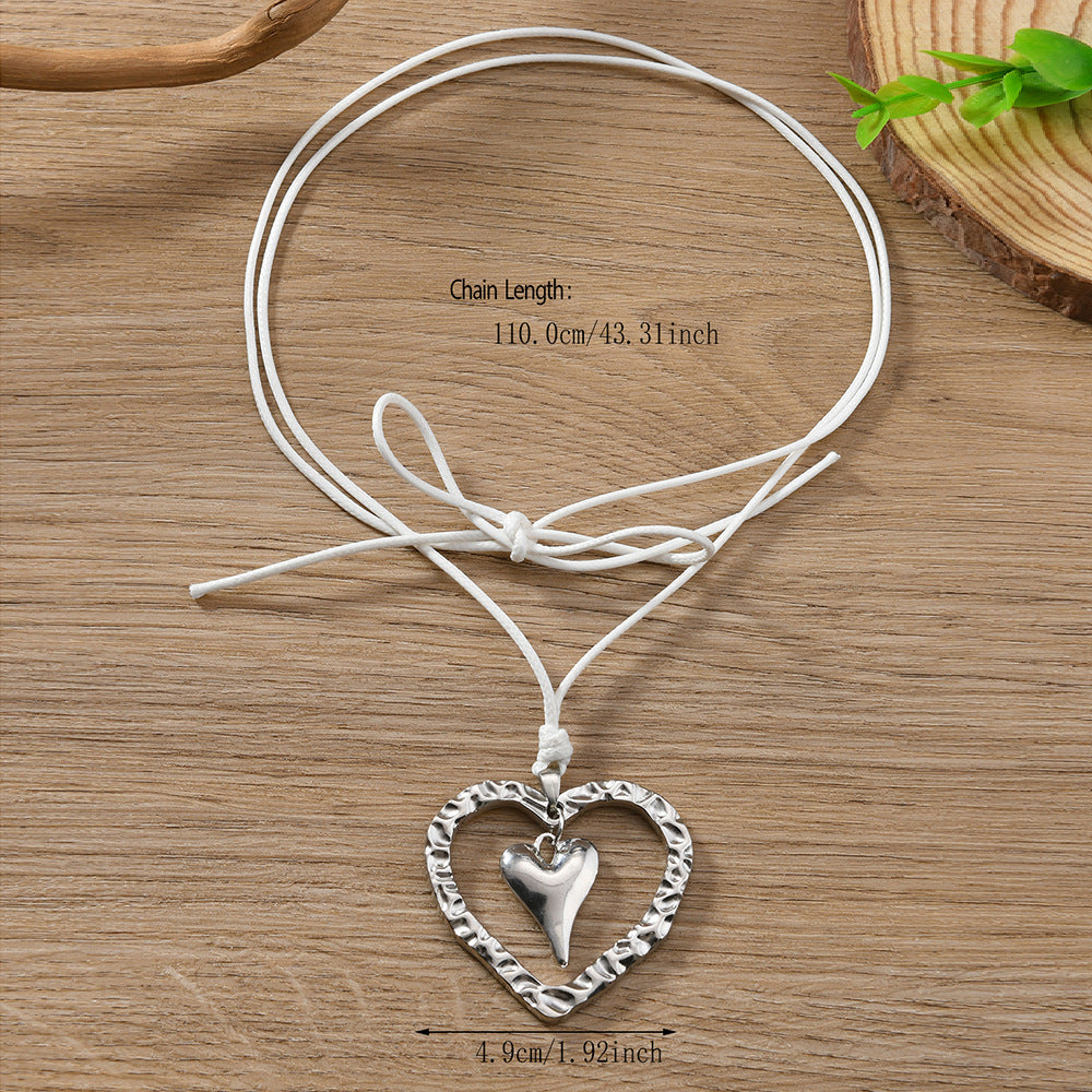 Heart Shape Silver Sweater Chain Necklace For Women Featuring Weave Craft Design