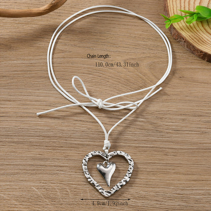 Heart Shape Silver Sweater Chain Necklace For Women Featuring Weave Craft Design