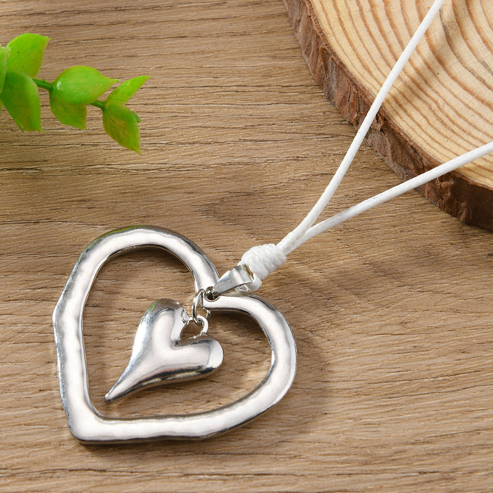 Heart Shape Silver Sweater Chain Necklace For Women Featuring Weave Craft Design