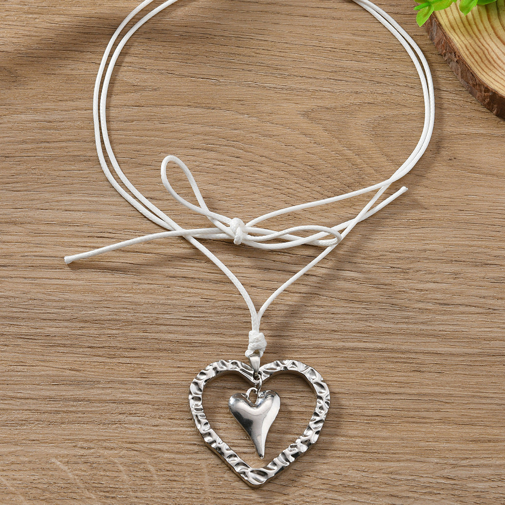 Heart Shape Silver Sweater Chain Necklace For Women Featuring Weave Craft Design