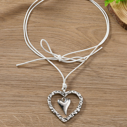 Heart Shape Silver Sweater Chain Necklace For Women Featuring Weave Craft Design