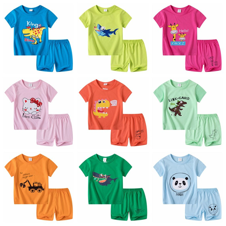 Casual Cartoon Kids Cotton Pant Co-ord Set With Round Neck And Short Sleeve, Perfect For Spring
