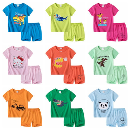 Casual Cartoon Kids Cotton Pant Co-ord Set With Round Neck And Short Sleeve, Perfect For Spring