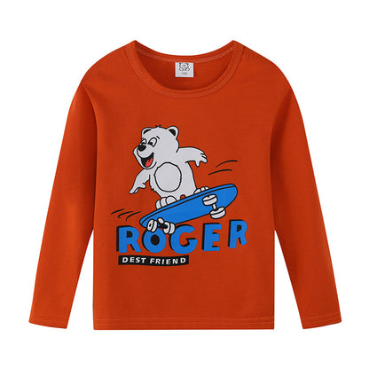 Cartoon Children's T-shirt In Light Blue With Round Neck And Long Sleeves, Made From Over 90% Cotton, Perfect For Spring