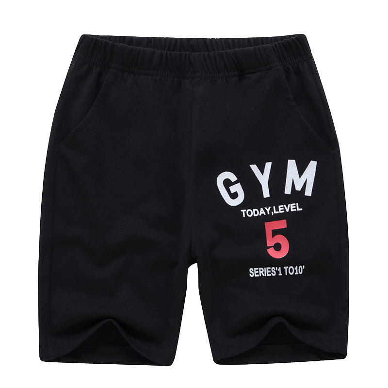 Sporty Letter Pattern Cotton Shorts For Children In Dyed Black, Perfect For Summer Wear