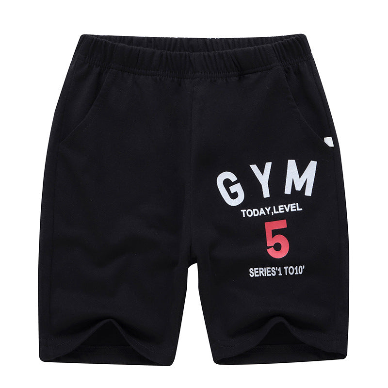 Sporty Letter Pattern Cotton Shorts For Children In Dyed Black, Perfect For Summer Wear