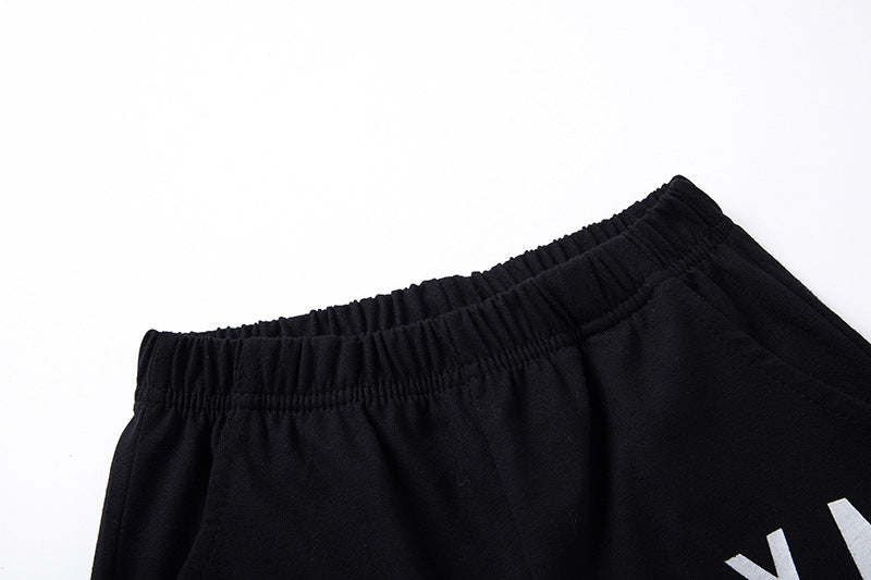 Sporty Letter Pattern Cotton Shorts For Children In Dyed Black, Perfect For Summer Wear