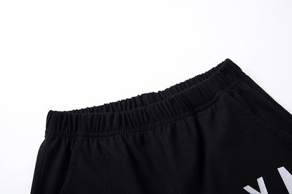Sporty Letter Pattern Cotton Shorts For Children In Dyed Black, Perfect For Summer Wear