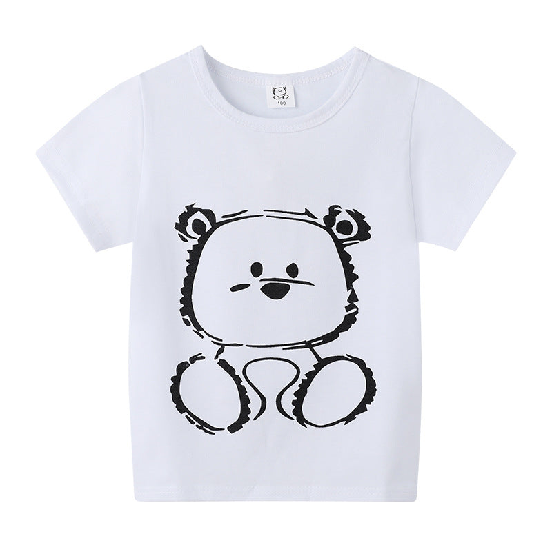 Cartoon Children's T-shirt In White Cotton With Round Neck And Short Sleeves, Perfect For Summer