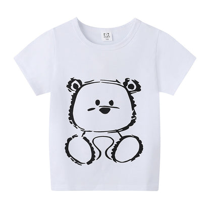 Cartoon Children's T-shirt In White Cotton With Round Neck And Short Sleeves, Perfect For Summer
