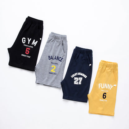 Sporty Letter Pattern Cotton Shorts For Children In Dyed Black, Perfect For Summer Wear