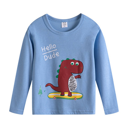 Cartoon Children's T-shirt In Light Blue With Round Neck And Long Sleeves, Made From Over 90% Cotton, Perfect For Spring
