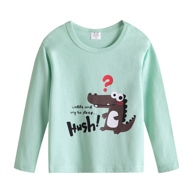 Cartoon Children's T-shirt In Light Blue With Round Neck And Long Sleeves, Made From Over 90% Cotton, Perfect For Spring