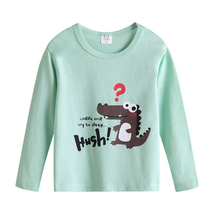 Cartoon Children's T-shirt In Light Blue With Round Neck And Long Sleeves, Made From Over 90% Cotton, Perfect For Spring
