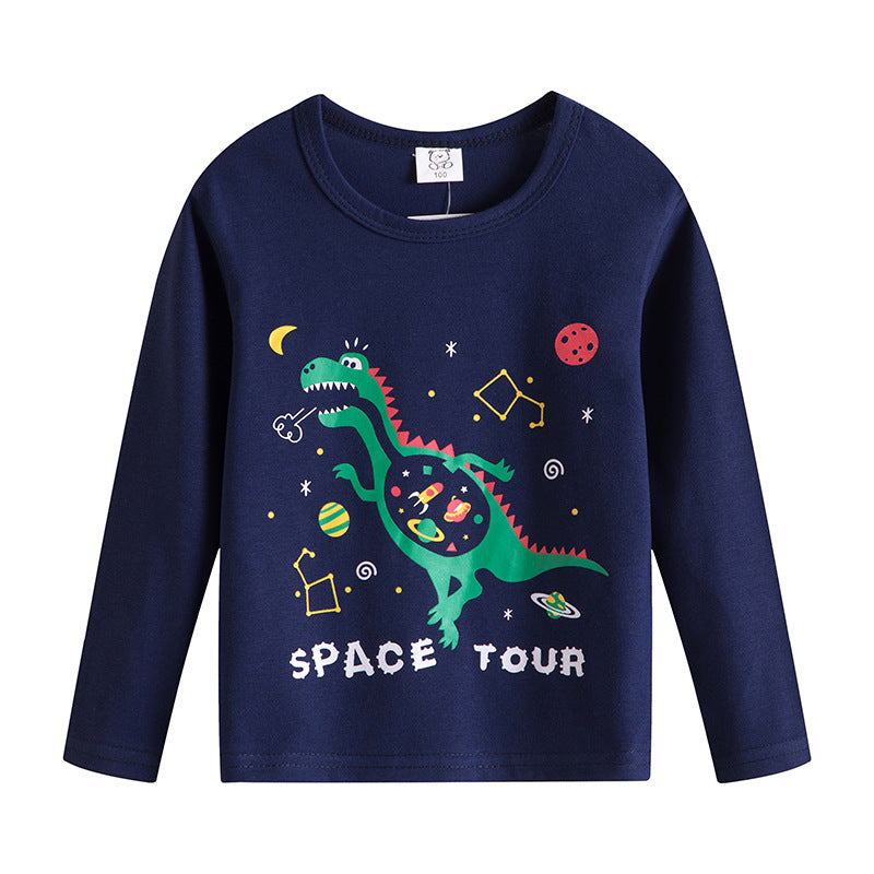 Cartoon Children's T-shirt In Light Blue With Round Neck And Long Sleeves, Made From Over 90% Cotton, Perfect For Spring