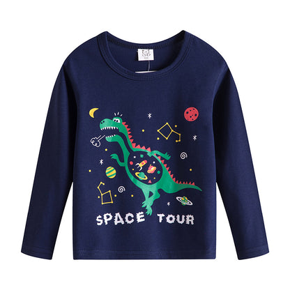 Cartoon Children's T-shirt In Light Blue With Round Neck And Long Sleeves, Made From Over 90% Cotton, Perfect For Spring
