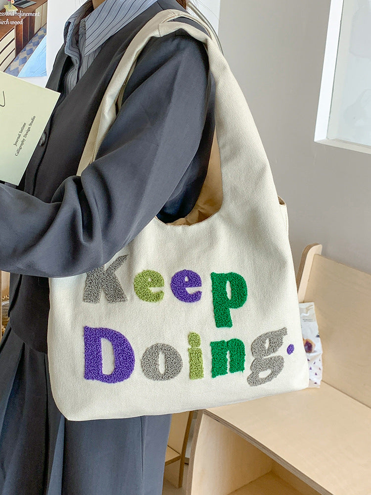 Square Canvas Shoulder Bag Featuring Letter Pattern, Stylish And Durable For Everyday Use