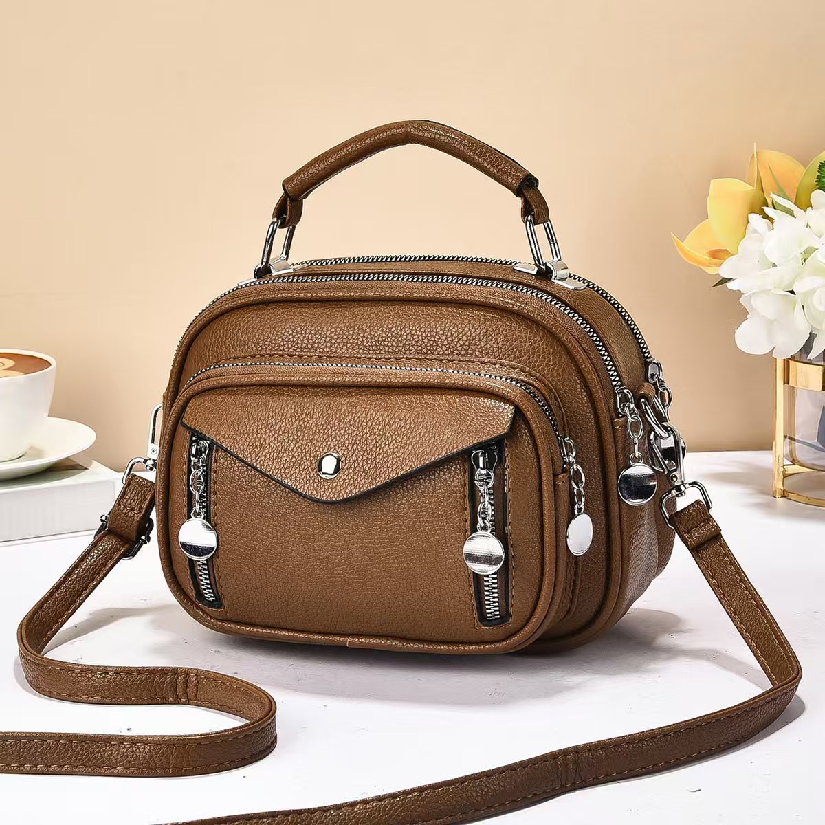 Round PU Leather Shoulder Bag For Women, Perfect For Spring And Summer