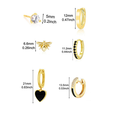 Heart Shape Copper Earrings For Women In Golden, Set Of 6 Pieces