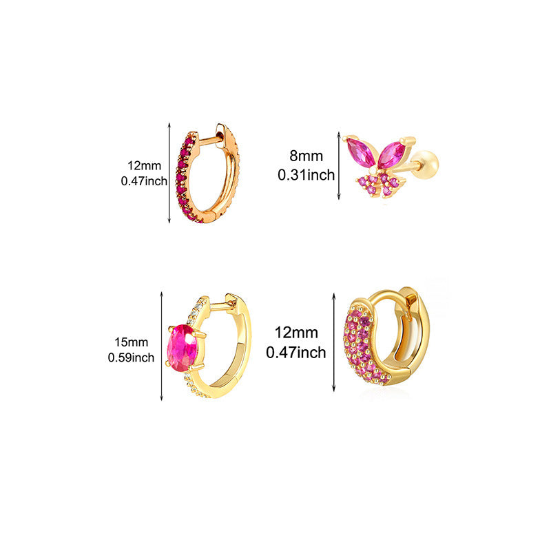 Butterfly Stud Earrings For Women In Golden Copper, 4 Pieces Set