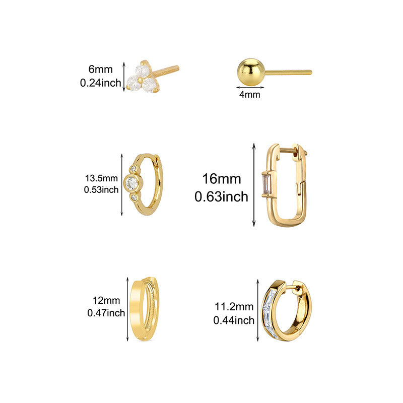 For Stud Earrings In Copper With Zircon Inlay, Golden Color, 6 Pieces Set