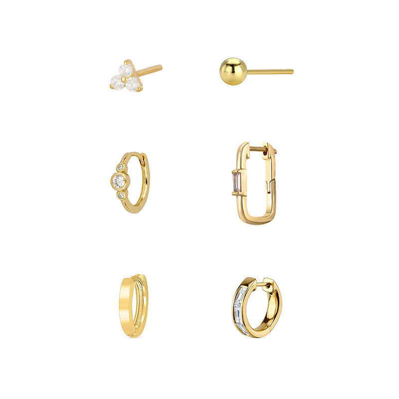 For Stud Earrings In Copper With Zircon Inlay, Golden Color, 6 Pieces Set