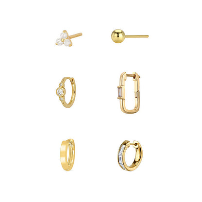 For Stud Earrings In Copper With Zircon Inlay, Golden Color, 6 Pieces Set