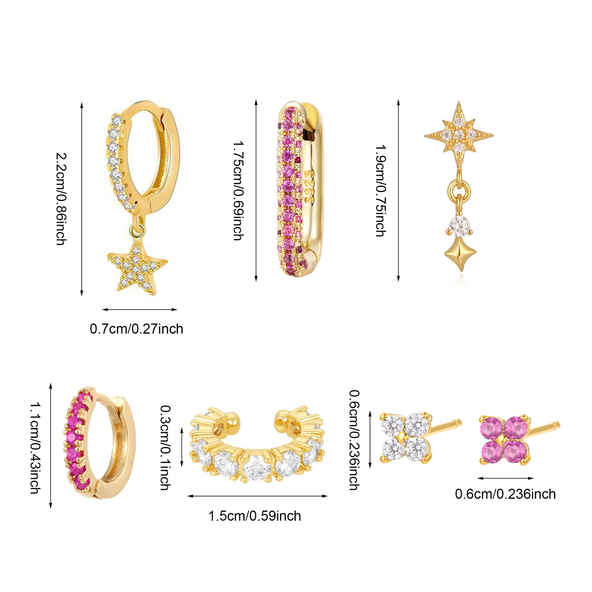 Simple Style Copper Earrings For Women In Golden, Set Of 7 Pieces