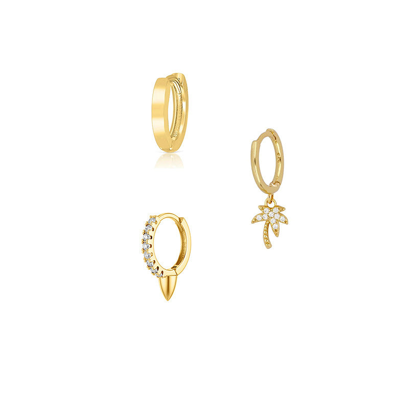 Coconut Tree Earrings For Women, 3 Pieces Set In Elegant Golden Tone