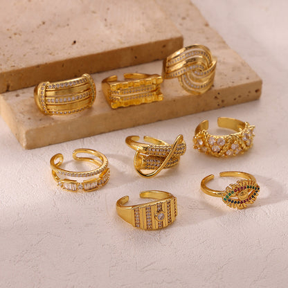 Exaggerated Geometric Ring For Women Made Of Copper With 18K Real Gold Plating Featuring Zircon In Golden Tone