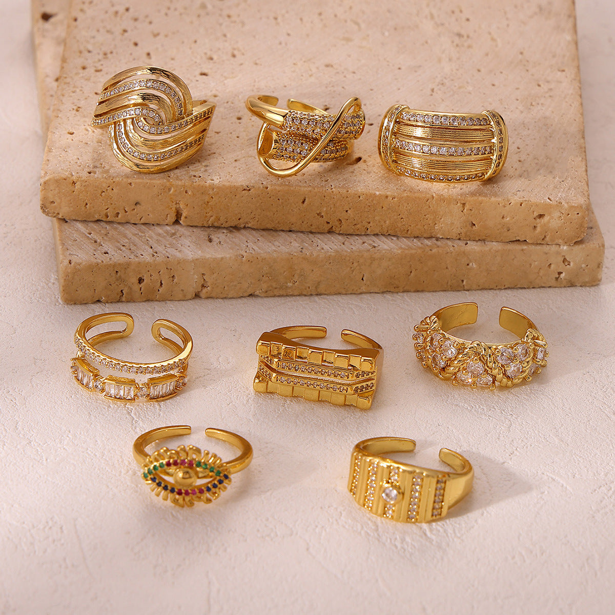 Exaggerated Geometric Ring For Women Made Of Copper With 18K Real Gold Plating Featuring Zircon In Golden Tone