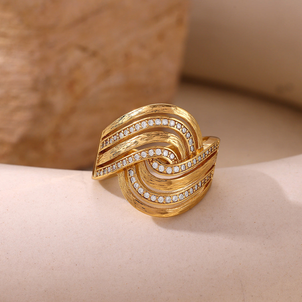 Exaggerated Geometric Ring For Women Made Of Copper With 18K Real Gold Plating Featuring Zircon In Golden Tone