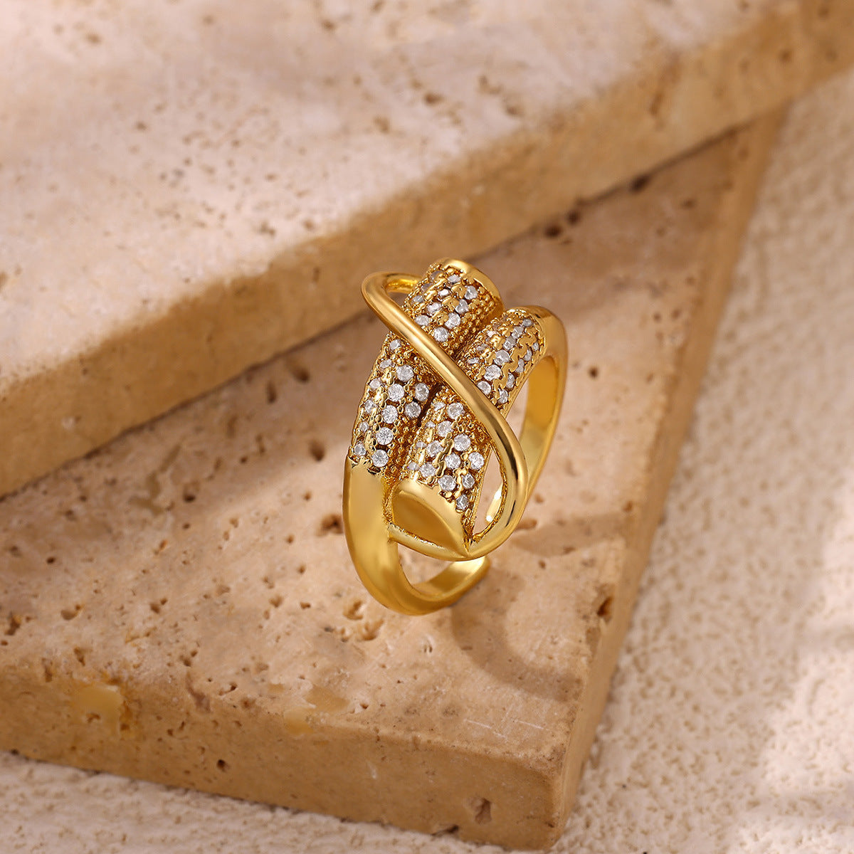 Exaggerated Geometric Ring For Women Made Of Copper With 18K Real Gold Plating Featuring Zircon In Golden Tone