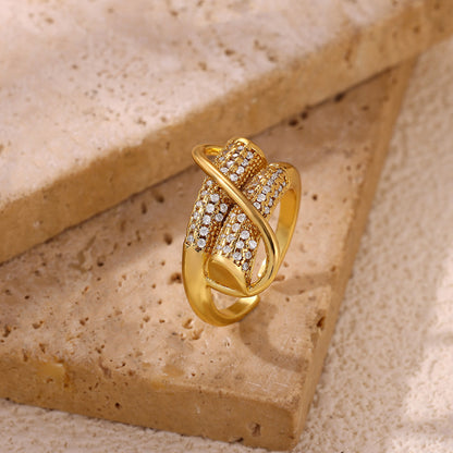 Exaggerated Geometric Ring For Women Made Of Copper With 18K Real Gold Plating Featuring Zircon In Golden Tone