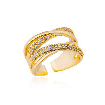 Exaggerated Geometric Ring For Women Made Of Copper With 18K Real Gold Plating Featuring Zircon In Golden Tone
