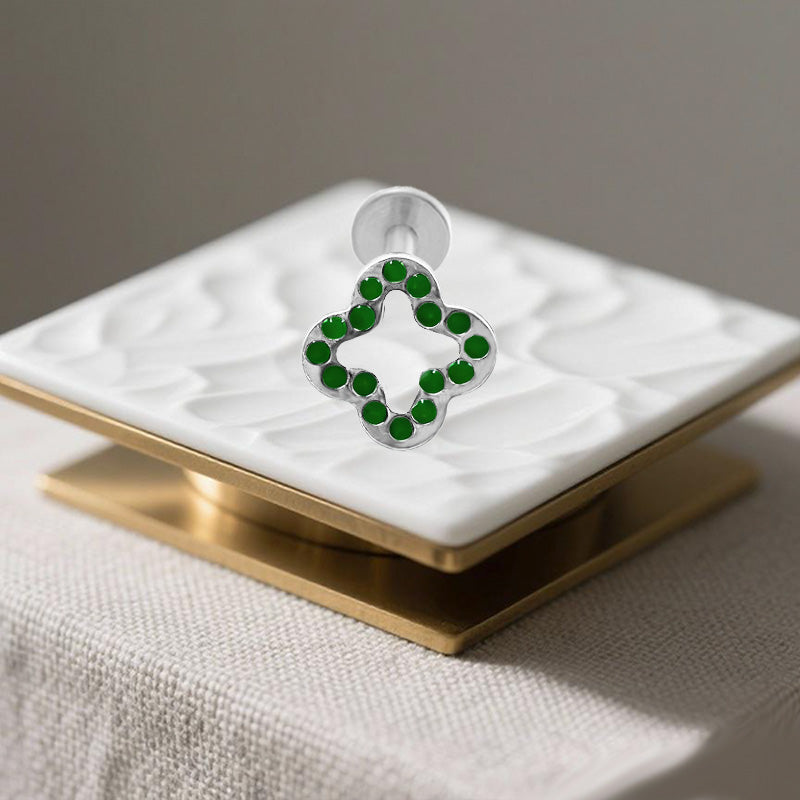 Three-dimensional Flowers Titanium Steel Lip Ring With Platinum Plating And Zircon Inlay, 1 PCS Package, Unisex