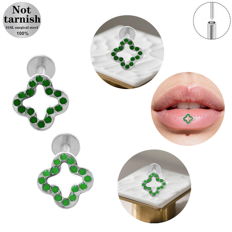 Three-dimensional Flowers Titanium Steel Lip Ring With Platinum Plating And Zircon Inlay, 1 PCS Package, Unisex