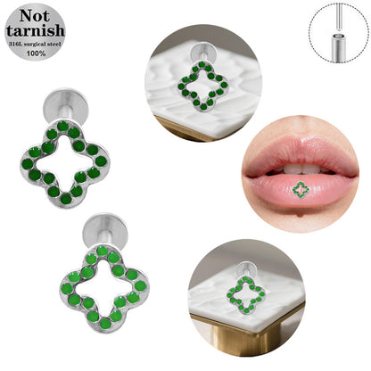 Three-dimensional Flowers Titanium Steel Lip Ring With Platinum Plating And Zircon Inlay, 1 PCS Package, Unisex