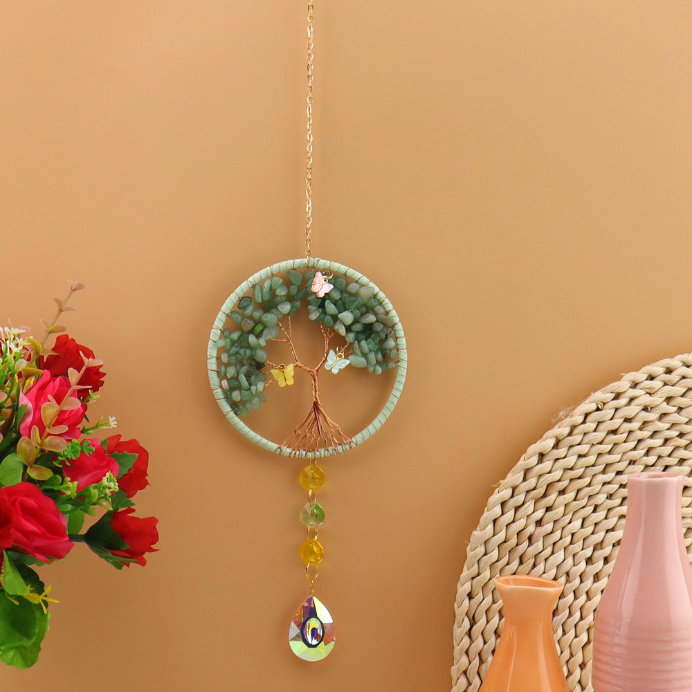 Life Tree Pendant Featuring Green Agate Stone, Elegant Hanging Ornament For Home Or Car Decoration