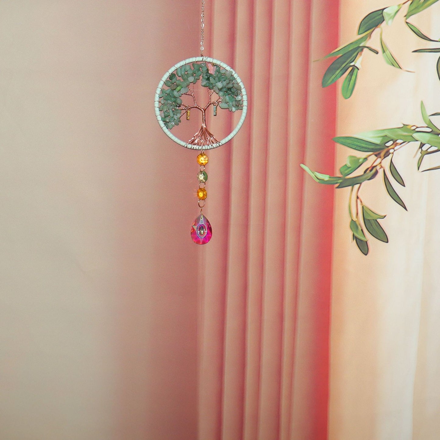 Life Tree Pendant Featuring Green Agate Stone, Elegant Hanging Ornament For Home Or Car Decoration