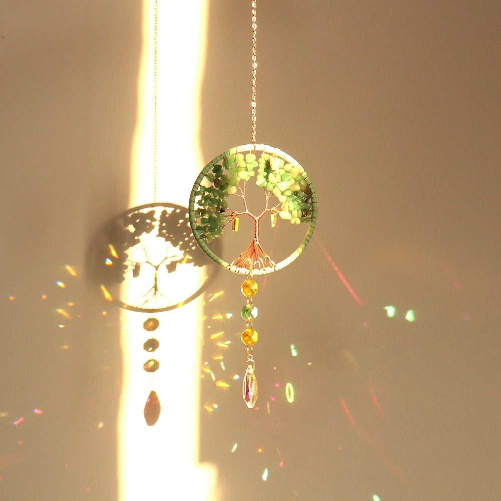 Life Tree Pendant Featuring Green Agate Stone, Elegant Hanging Ornament For Home Or Car Decoration