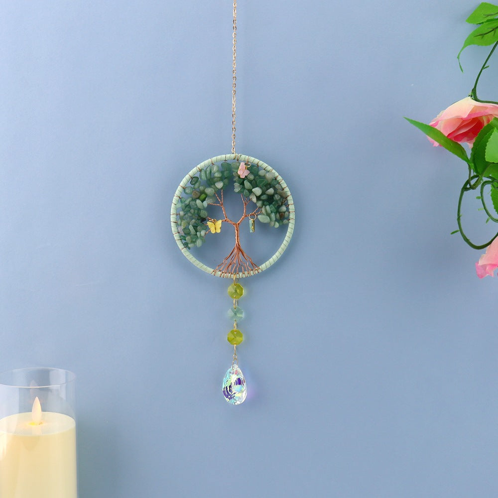 Life Tree Pendant Featuring Green Agate Stone, Elegant Hanging Ornament For Home Or Car Decoration