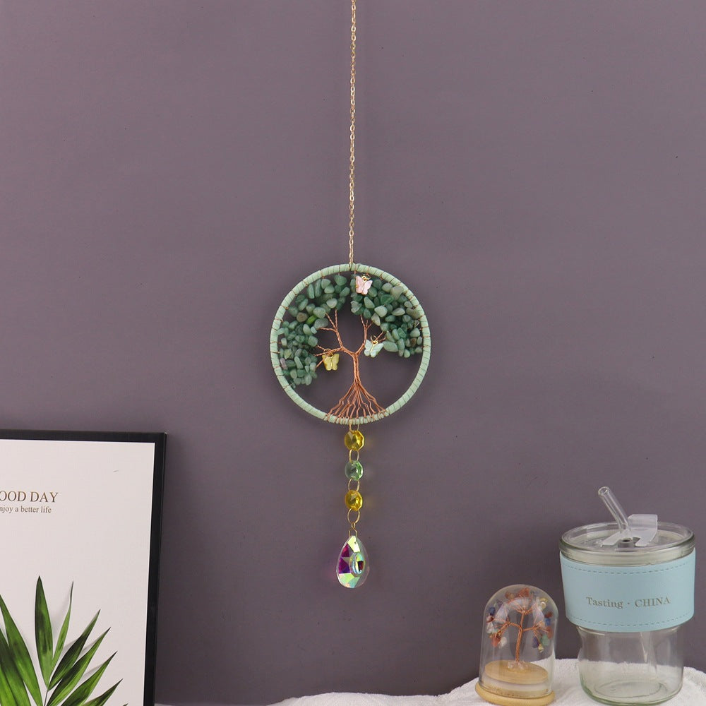 Life Tree Pendant Featuring Green Agate Stone, Elegant Hanging Ornament For Home Or Car Decoration