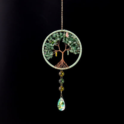 Life Tree Pendant Featuring Green Agate Stone, Elegant Hanging Ornament For Home Or Car Decoration