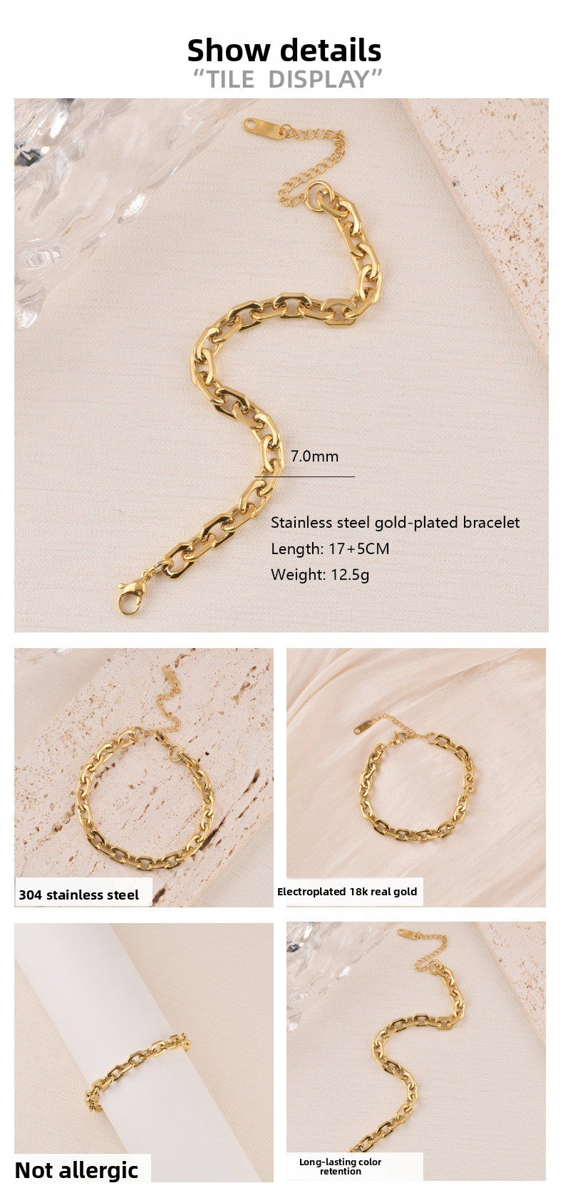 Rhombus Bracelet For Love Charms In Golden 304 Stainless Steel With PVD Coated Gold Plating