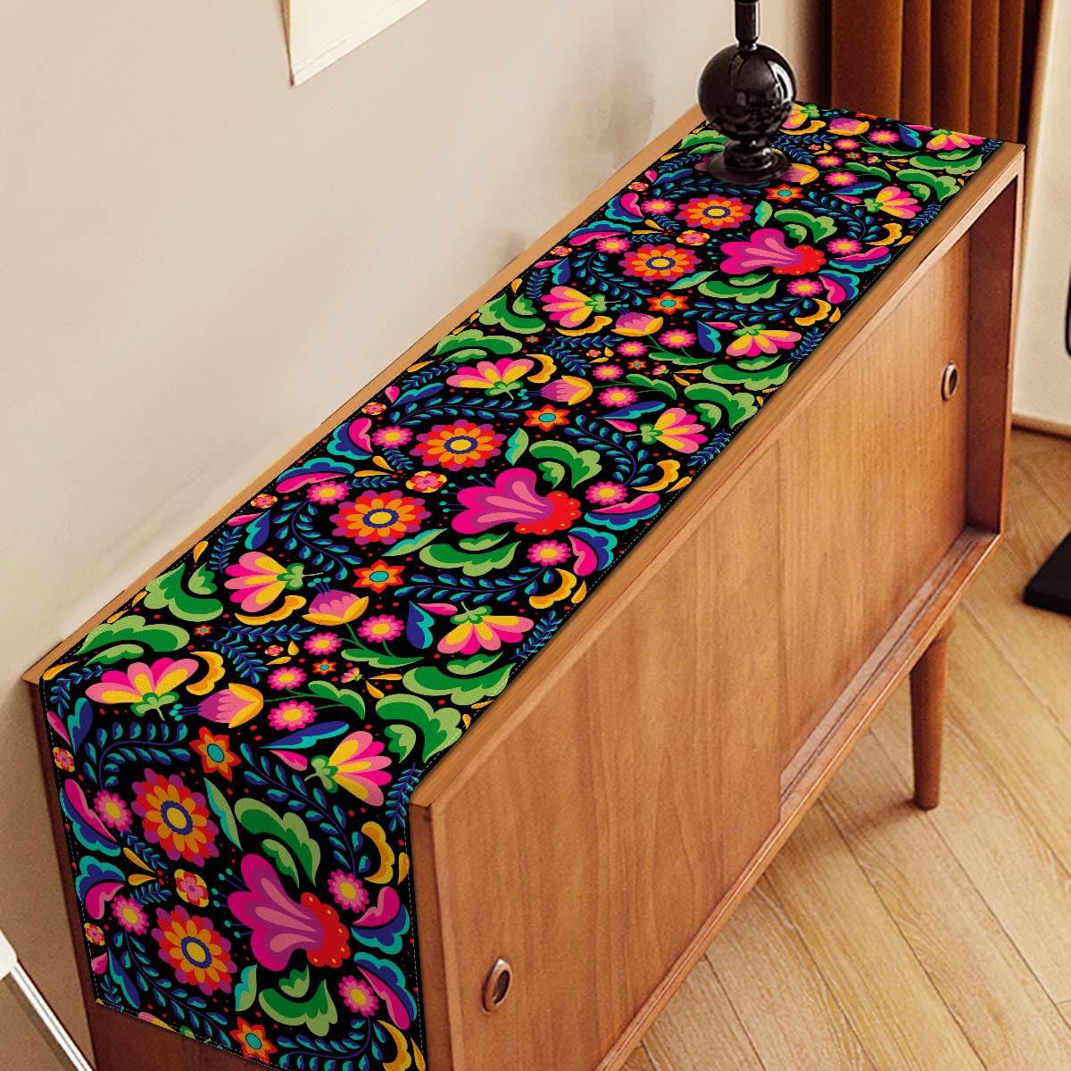 Day Of The Dead Flowers Table Runner In Polyester, Perfect For Festive Decoration