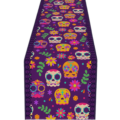 Day Of The Dead Flowers Table Runner In Polyester, Perfect For Festive Decoration