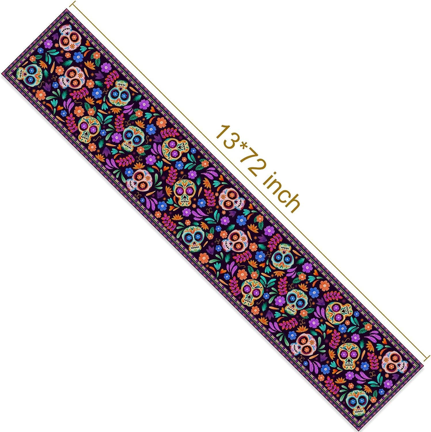 Day Of The Dead Flowers Table Runner In Polyester, Perfect For Festive Decoration